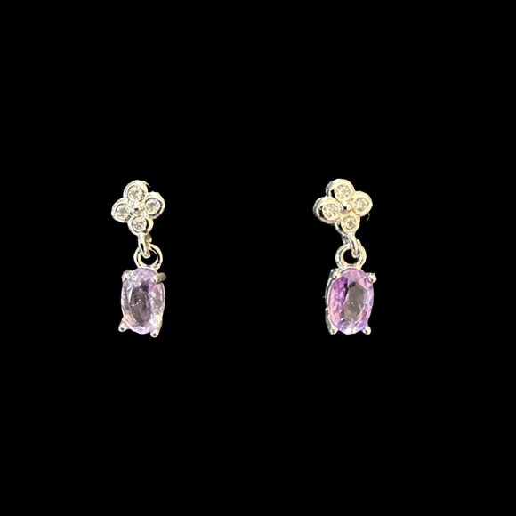 Purple clover dangle dainty amethyst earrings CZ Sterling Silver jewelry NEW - Picture 5 of 8